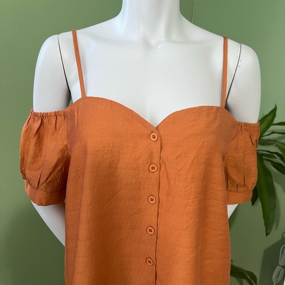 Orange Puff Sleeve Button Down Blouse